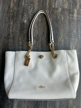 Coach Cream Pebbled Leather Tote with Gold Chain Handles